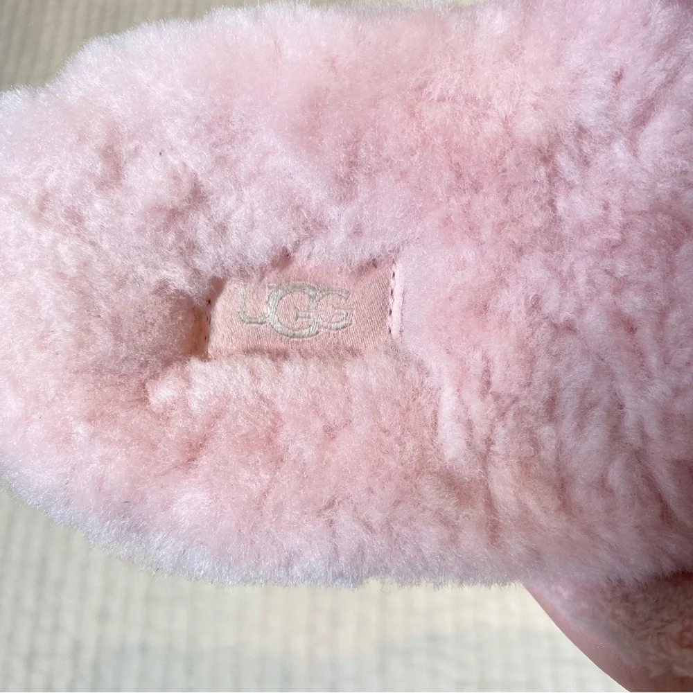 UGG Womens Maxi Slide Logo Sandal Pink Scallop Puff Platform Fur Lined Size 8